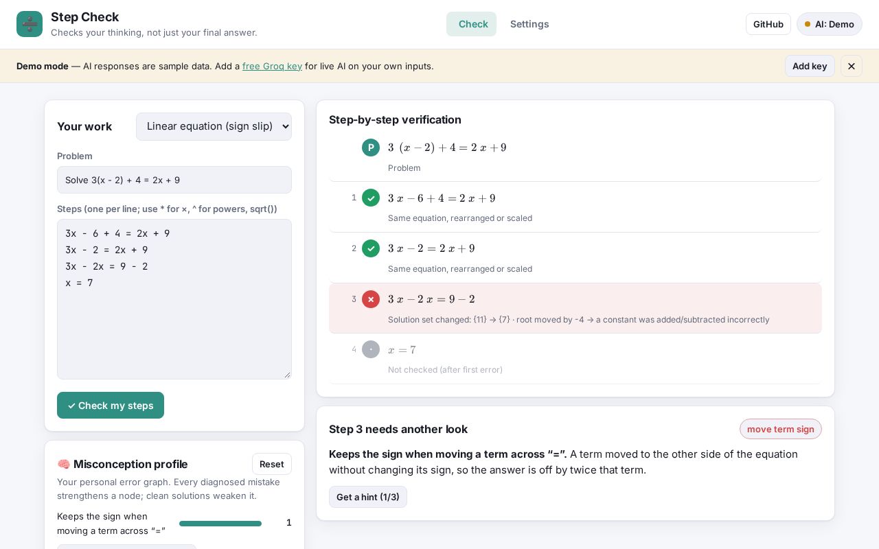 Preview of Algebra Step Checker