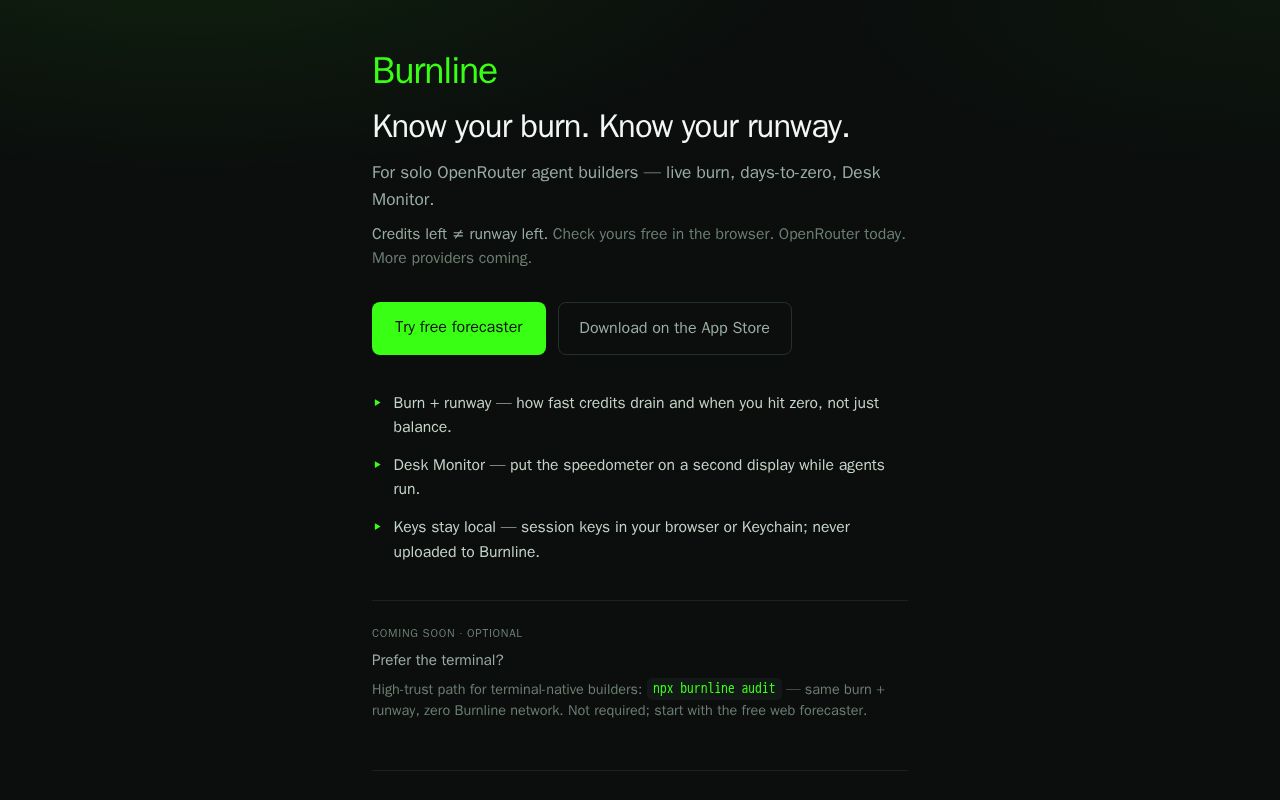 Preview of Mobile LLM API spend cockpit — live burn, runway, and model breakdown.