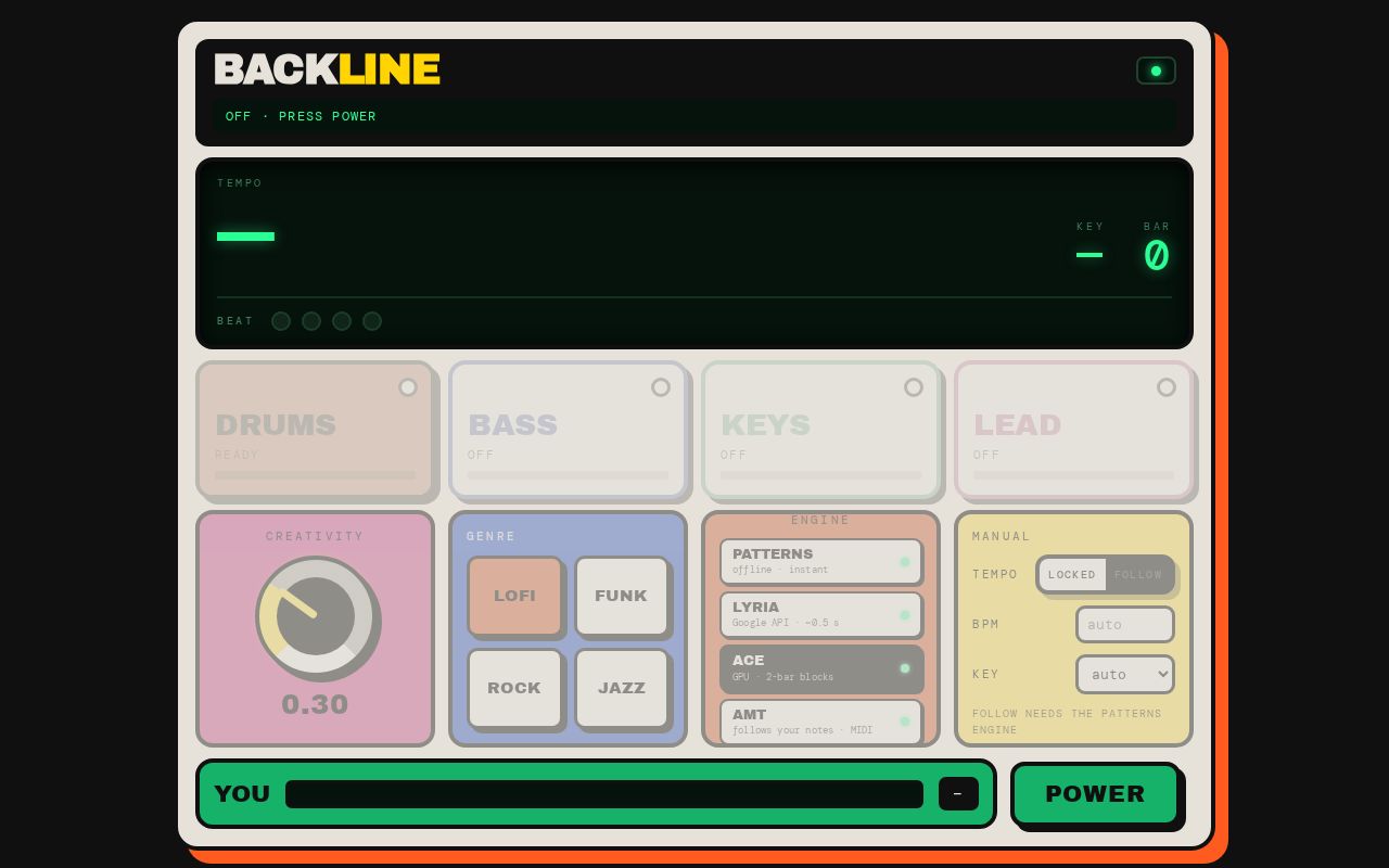 Preview of Backline: a browser band that locks onto your tempo and key and plays along