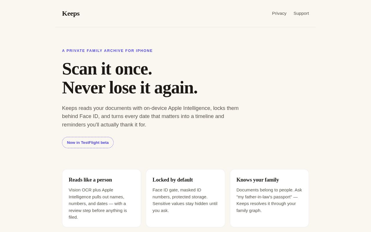 Preview of Keeps — Family Vault landing page (keeps.ezypath.in)