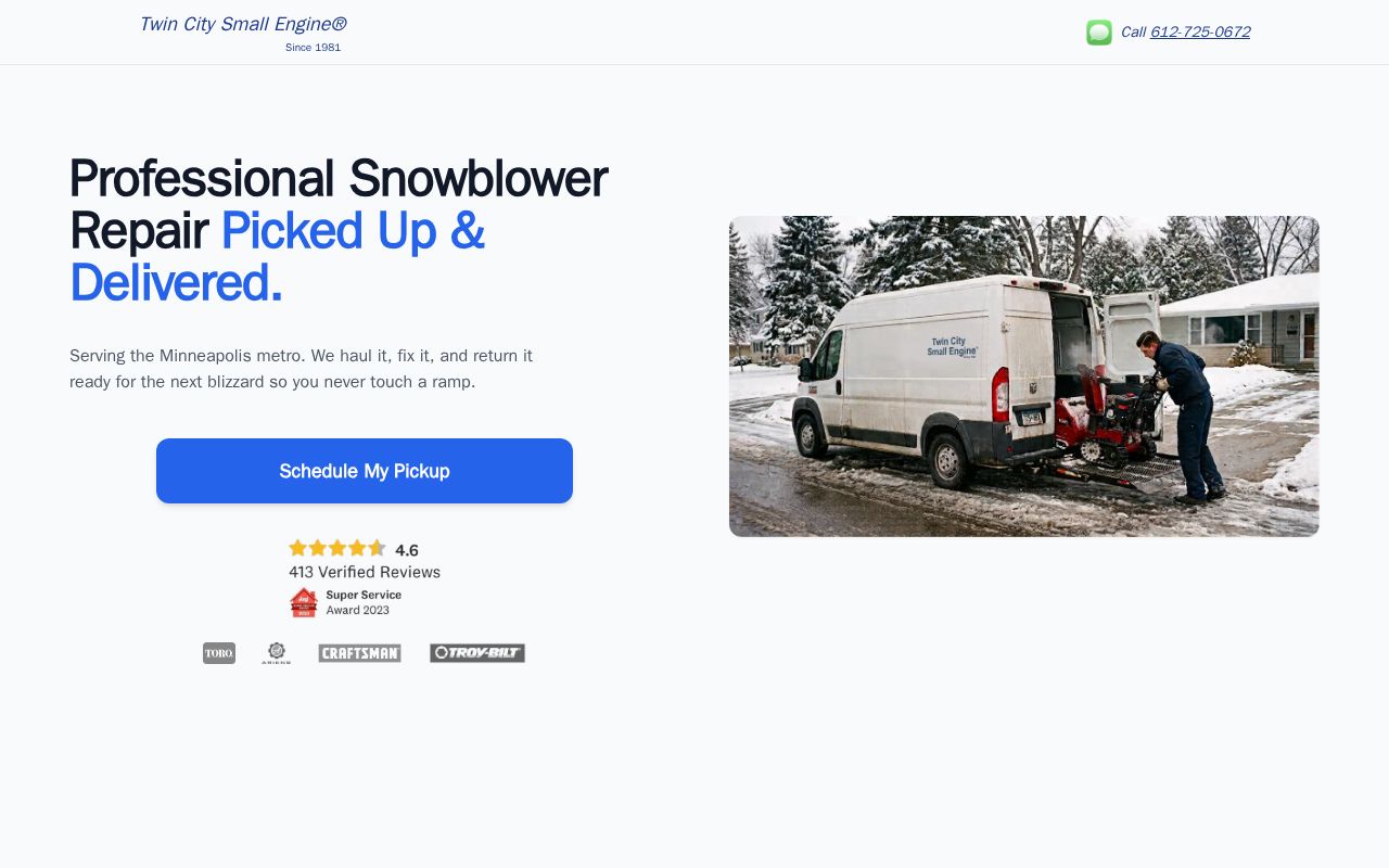 Preview of Twin City Small Engine snowblower pickup landing page