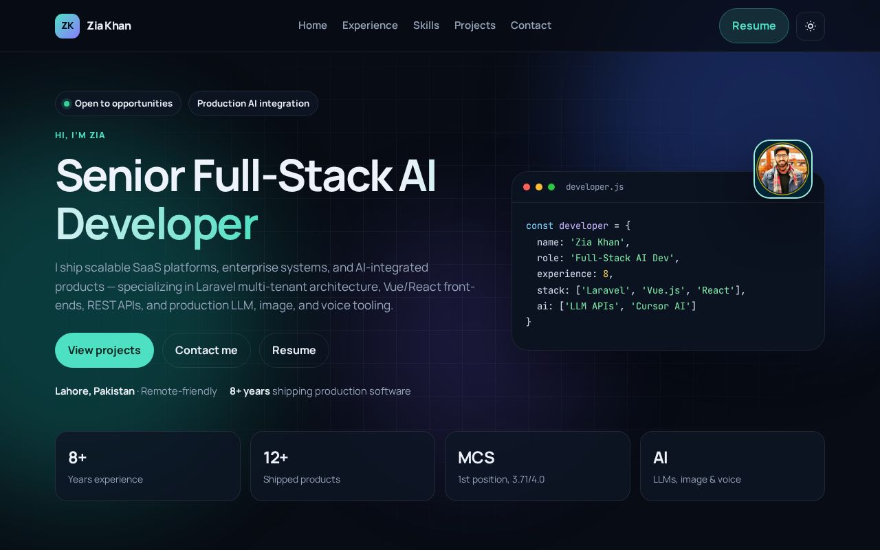 Preview of Public portfolio of Zia Khan — Principal Software Engineer