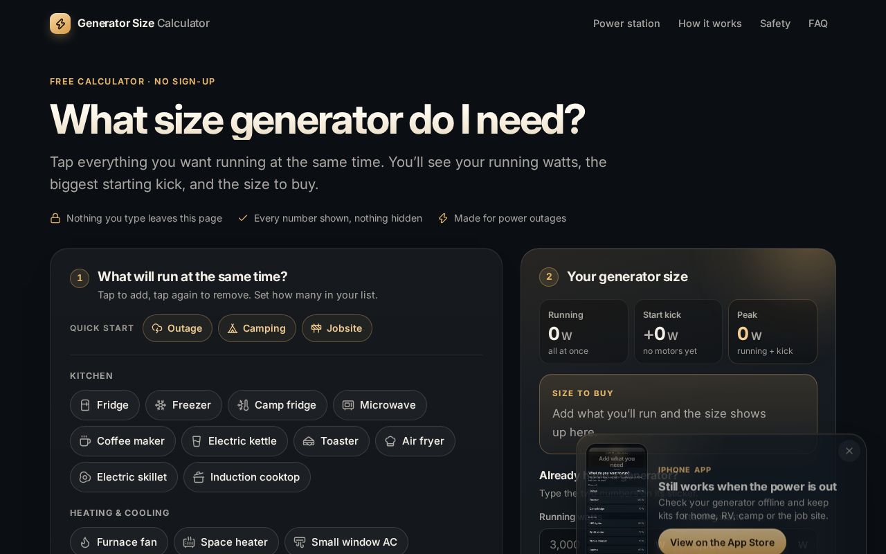 Preview of Generator Size Calculator