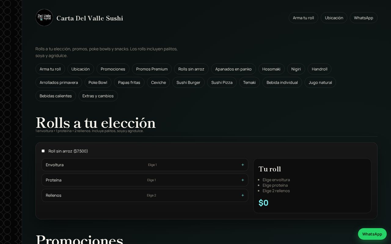 Preview of Carta digital de Del Valle Sushi con panel de administración