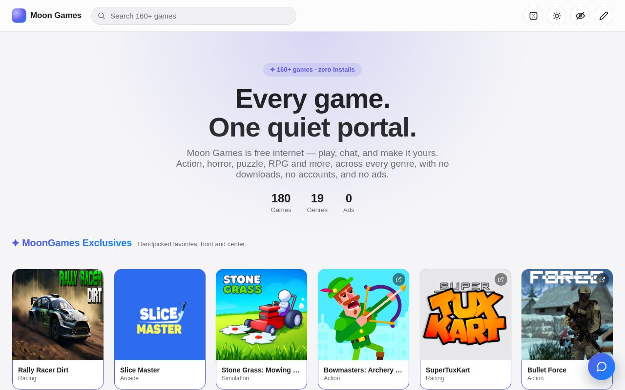 Preview of Moon Games — an Apple-HIG-inspired portal for 160+ free browser games