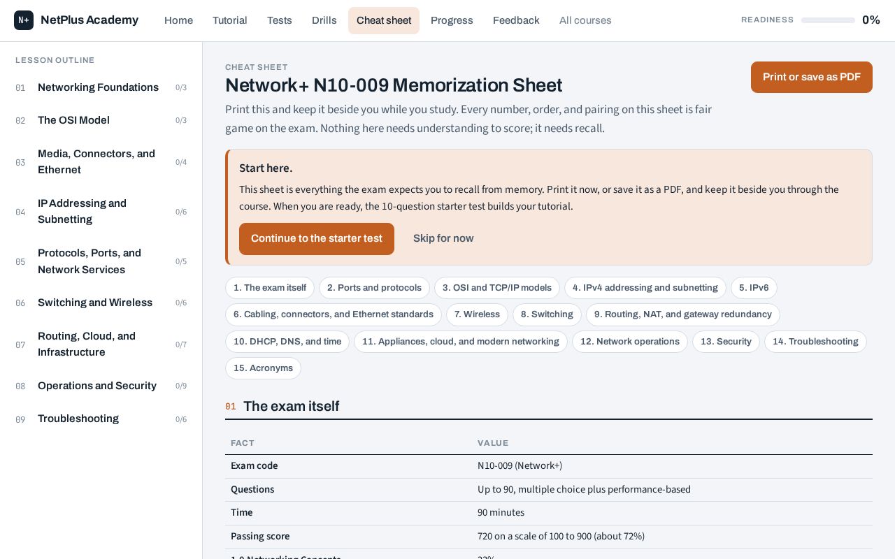 Preview of Self-paced CompTIA Network+ N10-009 course with adaptive training and practice exams