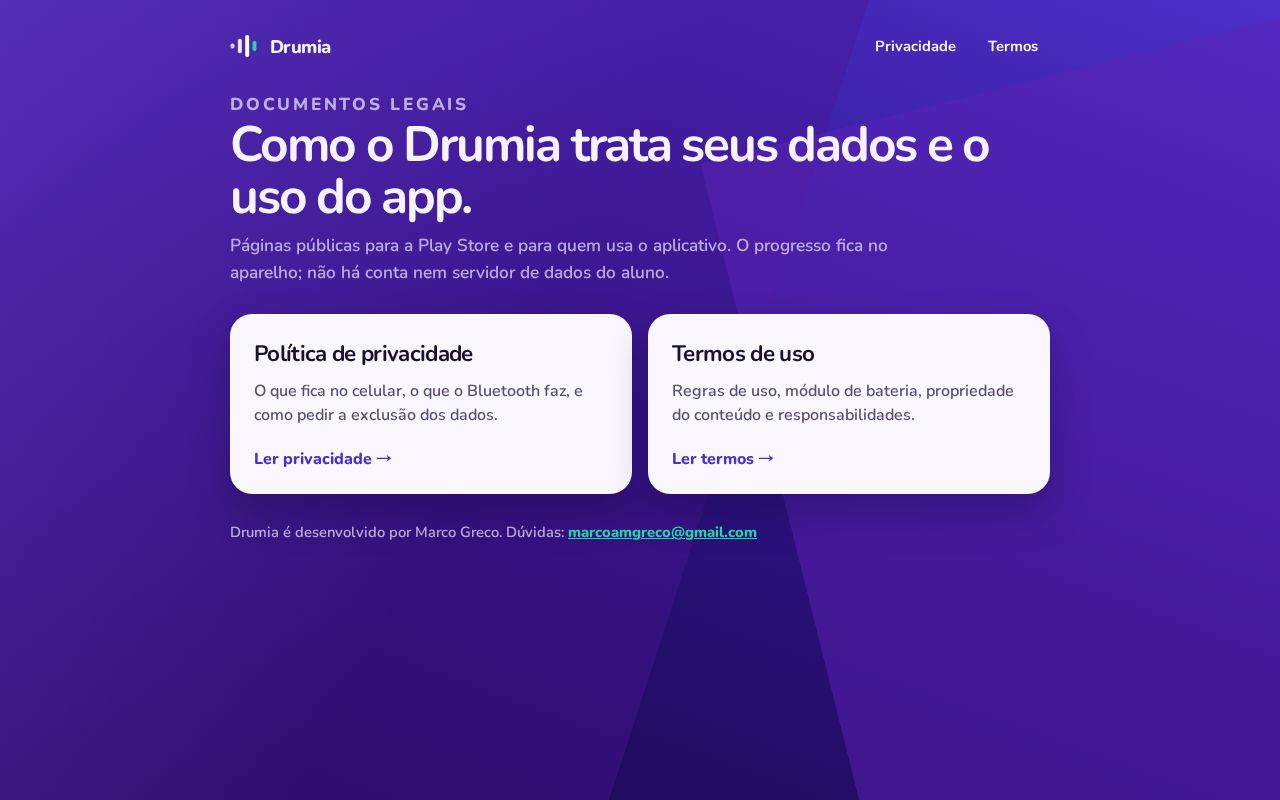 Preview of Termos de uso e política de privacidade do Drumia