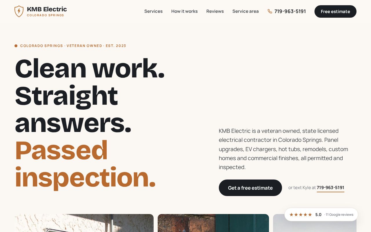 Preview of KMB Electric LLC website, design B (Colorado Springs electrician), built by FuseHQ