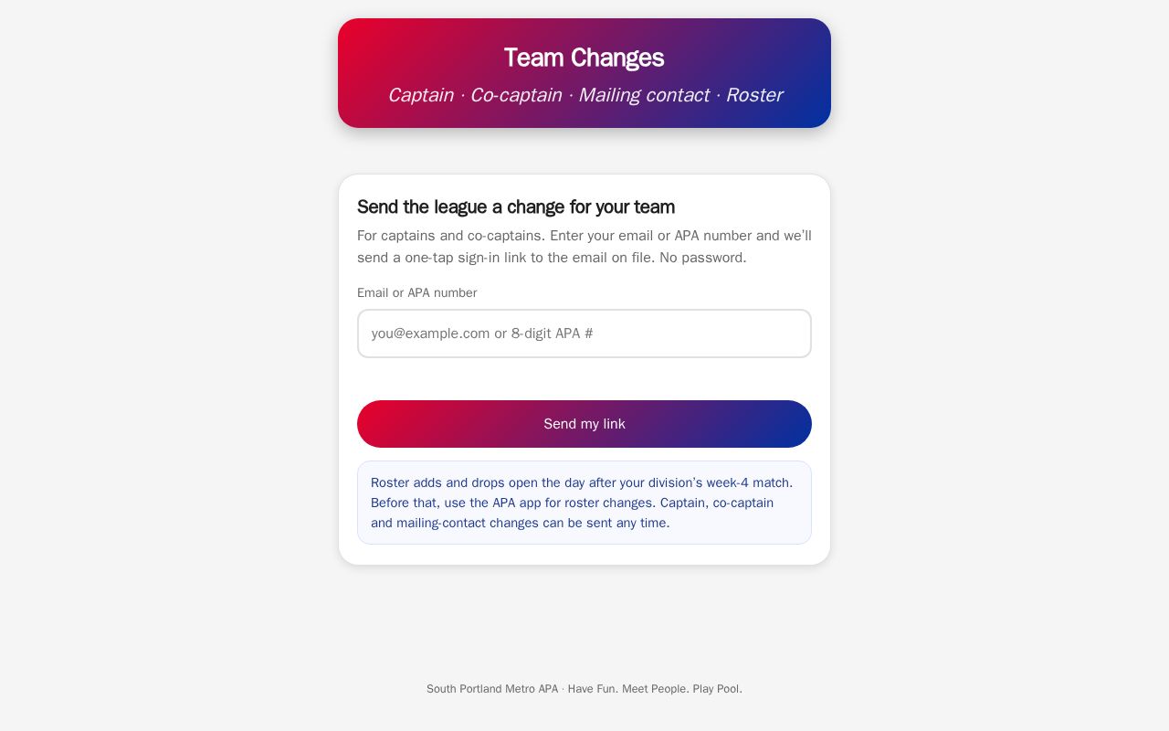 Preview of Team Changes — captains send roster/captain/mailing changes to the league