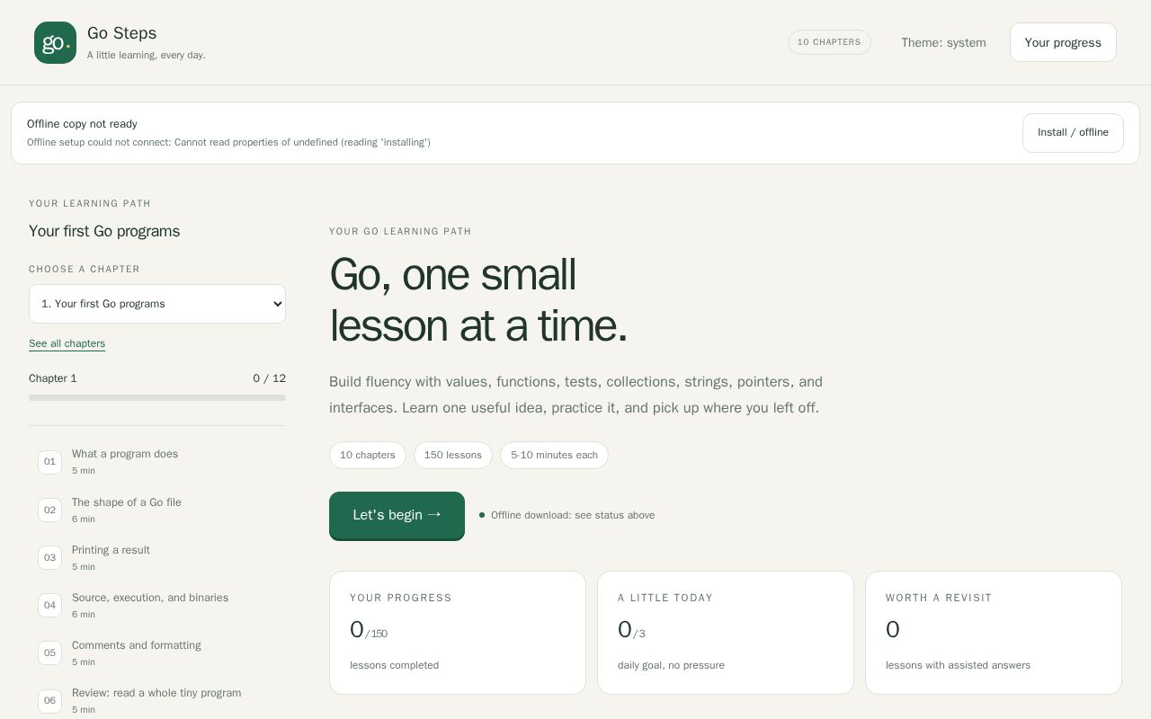 Preview of Offline Go microlearning course - Chapter 1 PWA proof of concept.
