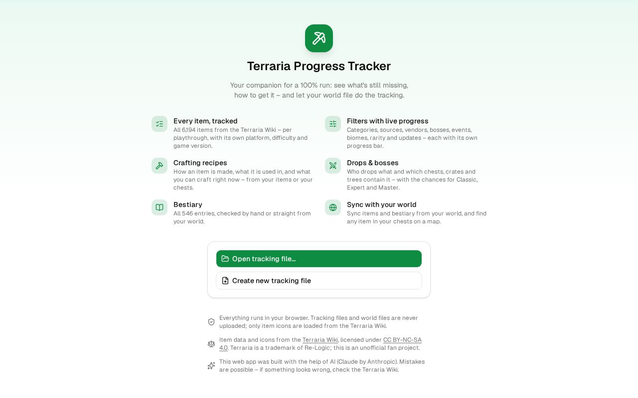 Preview of Terraria Progress Tracker