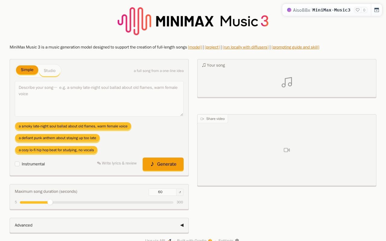 Preview of MiniMax Music 3 Studio