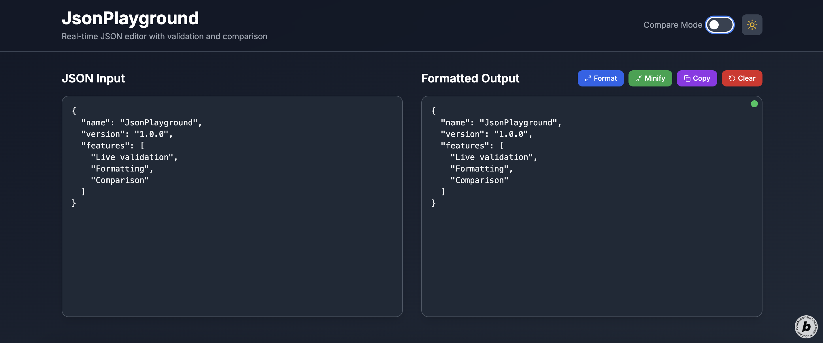 Preview of JsonPlayground