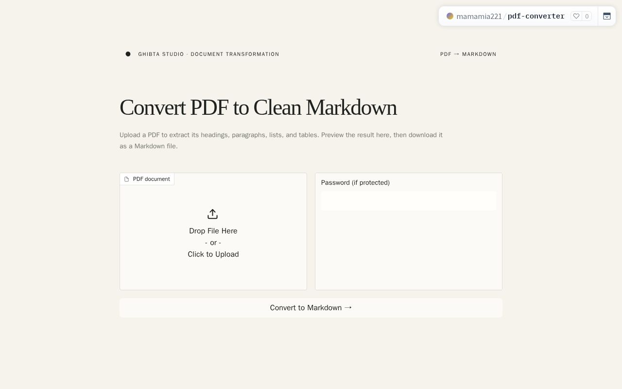 Preview of PDF to Markdown Converter
