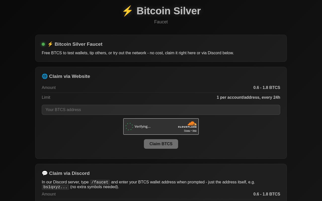 Preview of Discord-based faucet for Bitcoin Silver (BTCS)