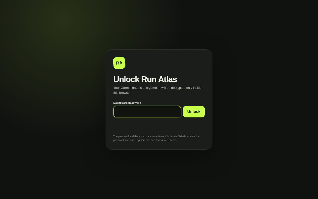Preview of Encrypted personal Garmin running dashboard