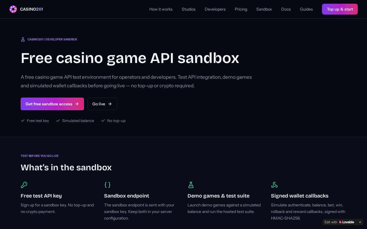 Preview of Free Casino Game API Sandbox for Developers