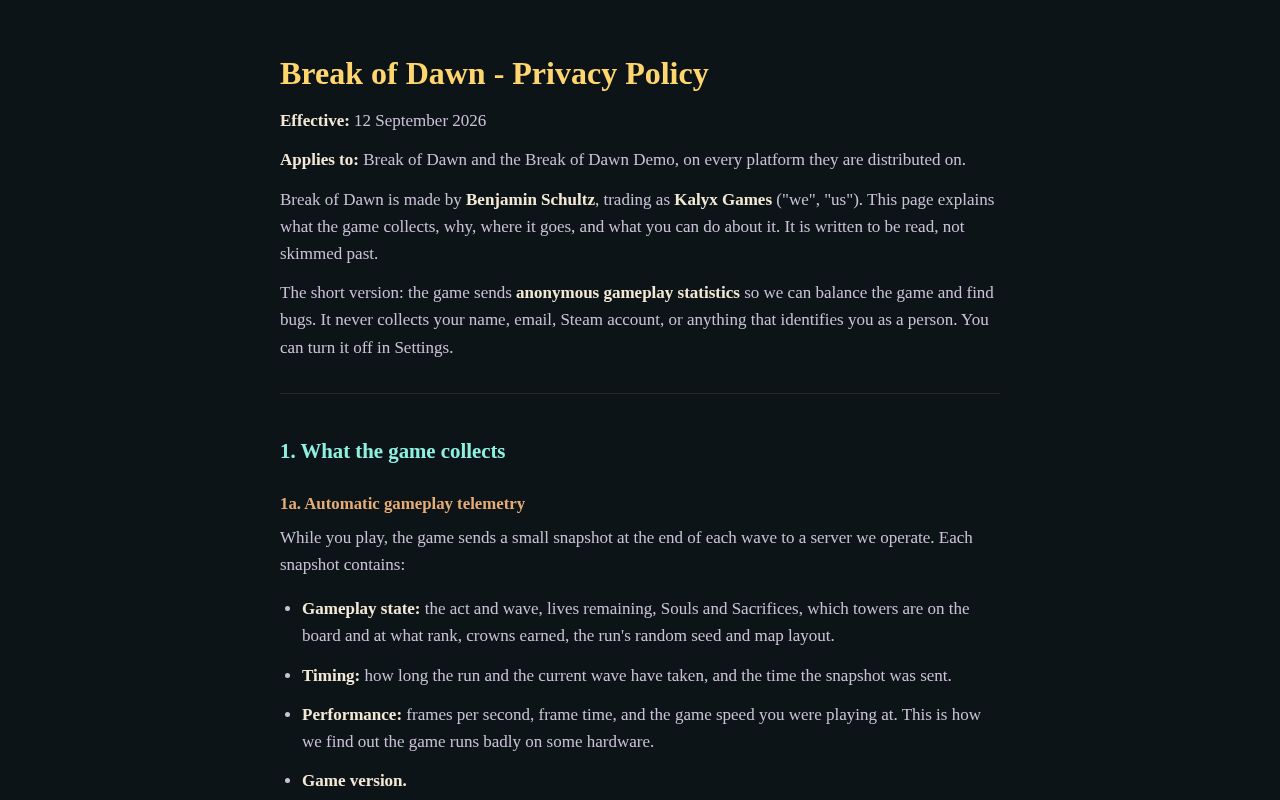 Preview of Kalyx Games legal pages (privacy policy for Break of Dawn)