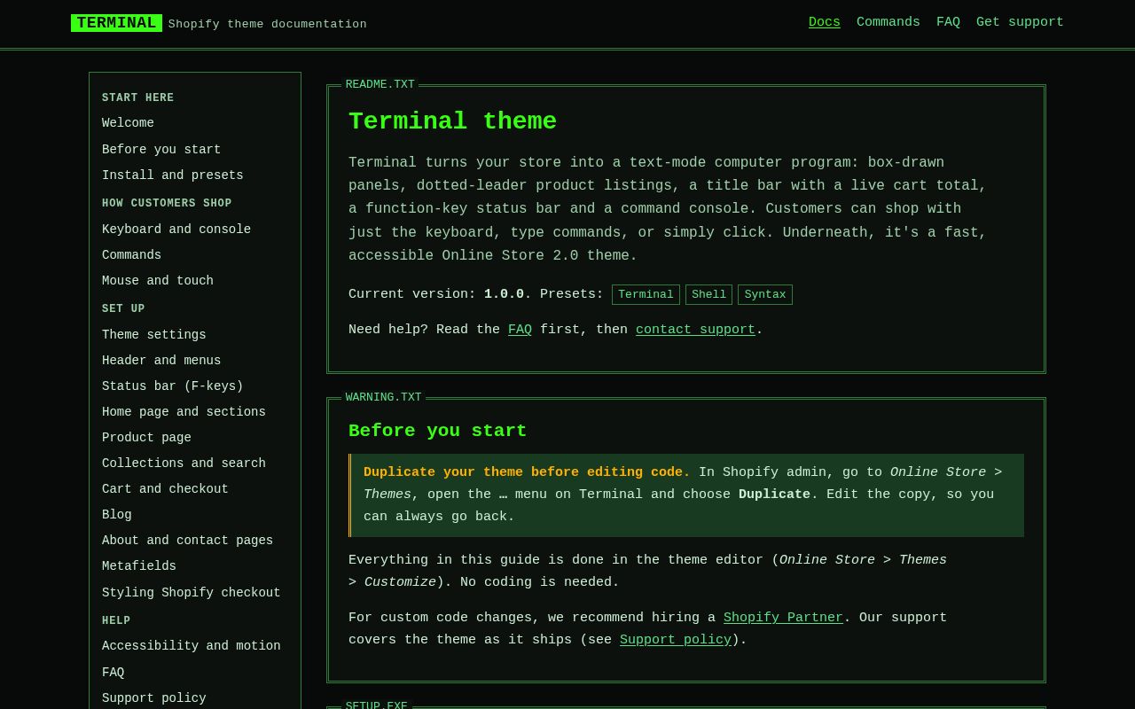 Preview of Documentation and support for the Terminal Shopify theme