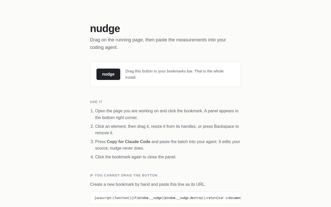 Preview of Drag on the running page, then paste the measurements into your coding agent.