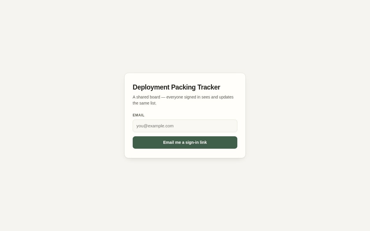 Preview of Shared deployment packing tracker — static HTML + Supabase, live-synced across members