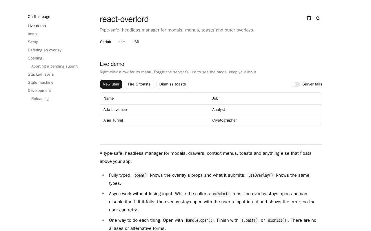 Preview of React Overlord