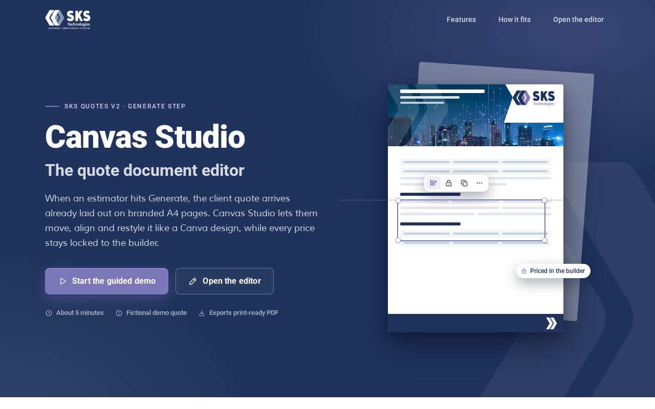 Preview of Canvas Studio: the SKS quote document editor