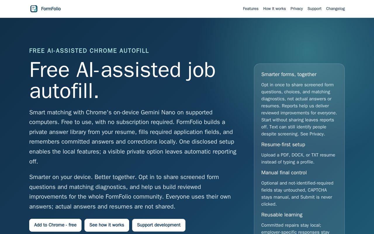 Preview of Official website, privacy policy, support, and changelog for FormFolio
