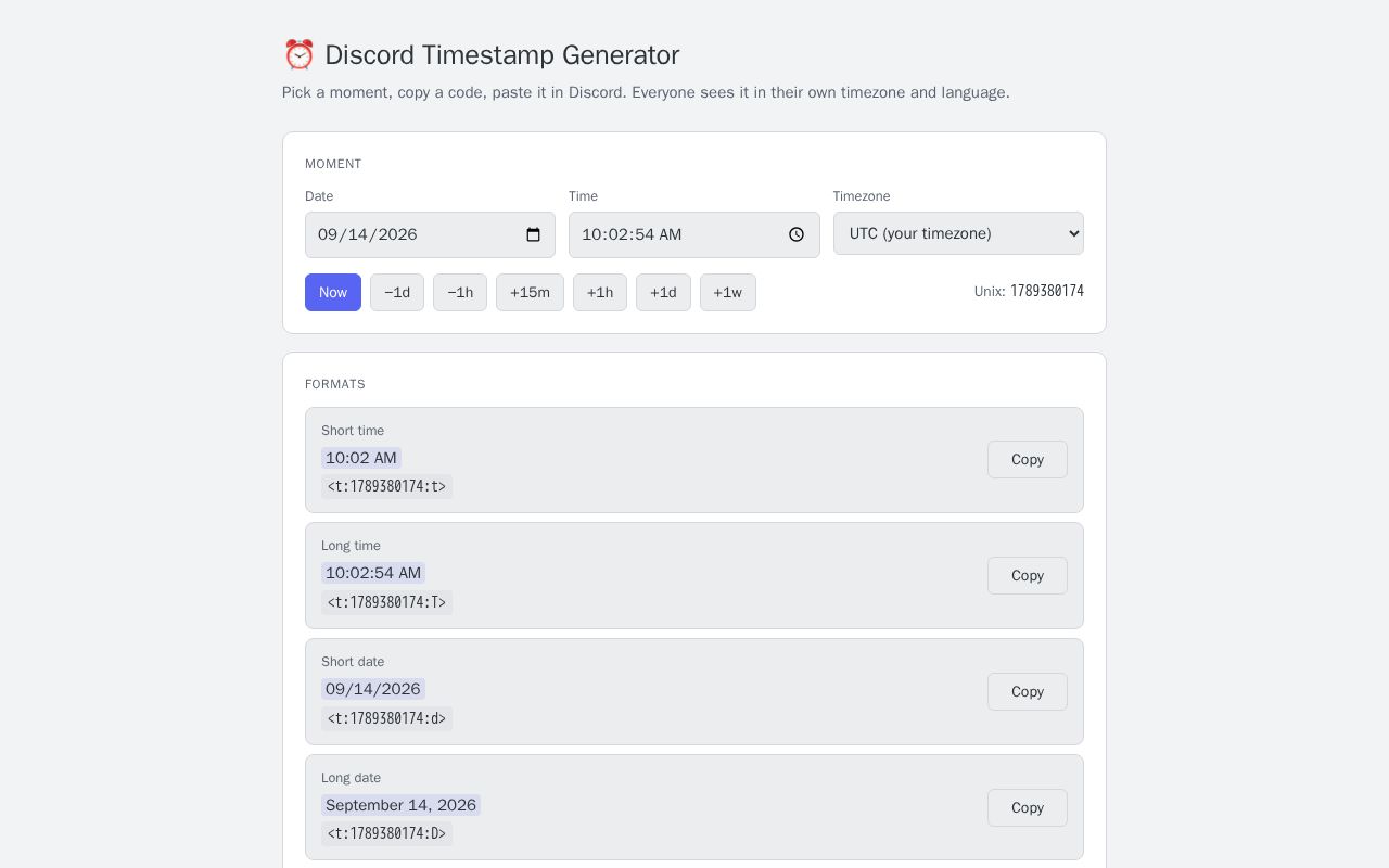 Preview of Generate Discord timestamp codes that show in every reader's timezone