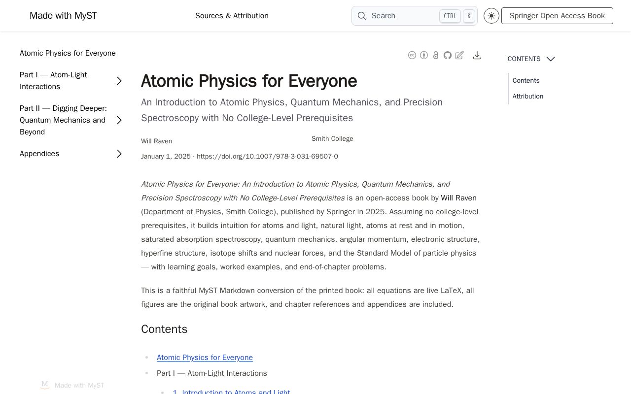 Preview of MyST edition of Atomic Physics for Everyone (Will Raven, Springer OA)
