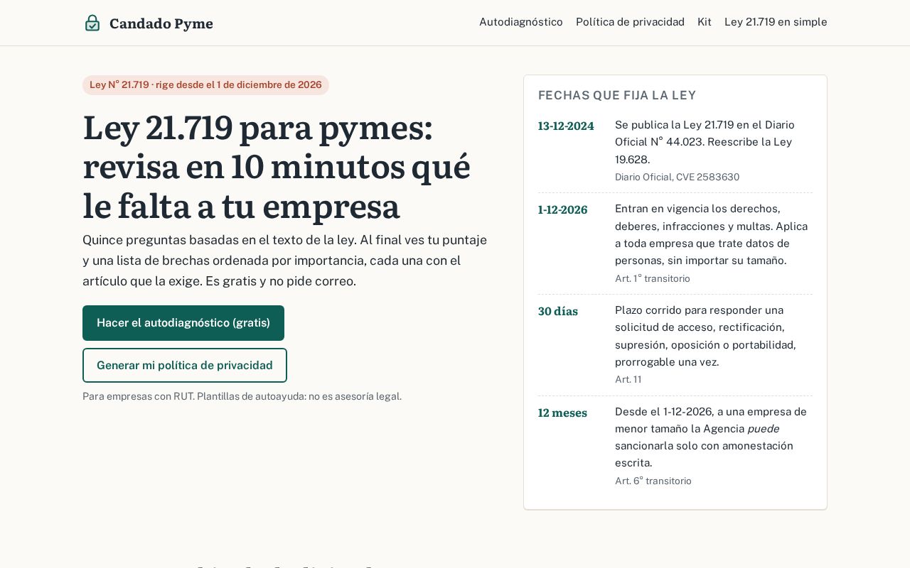 Preview of Ley 21.719 para pymes: autodiagnóstico gratis y kit de plantillas