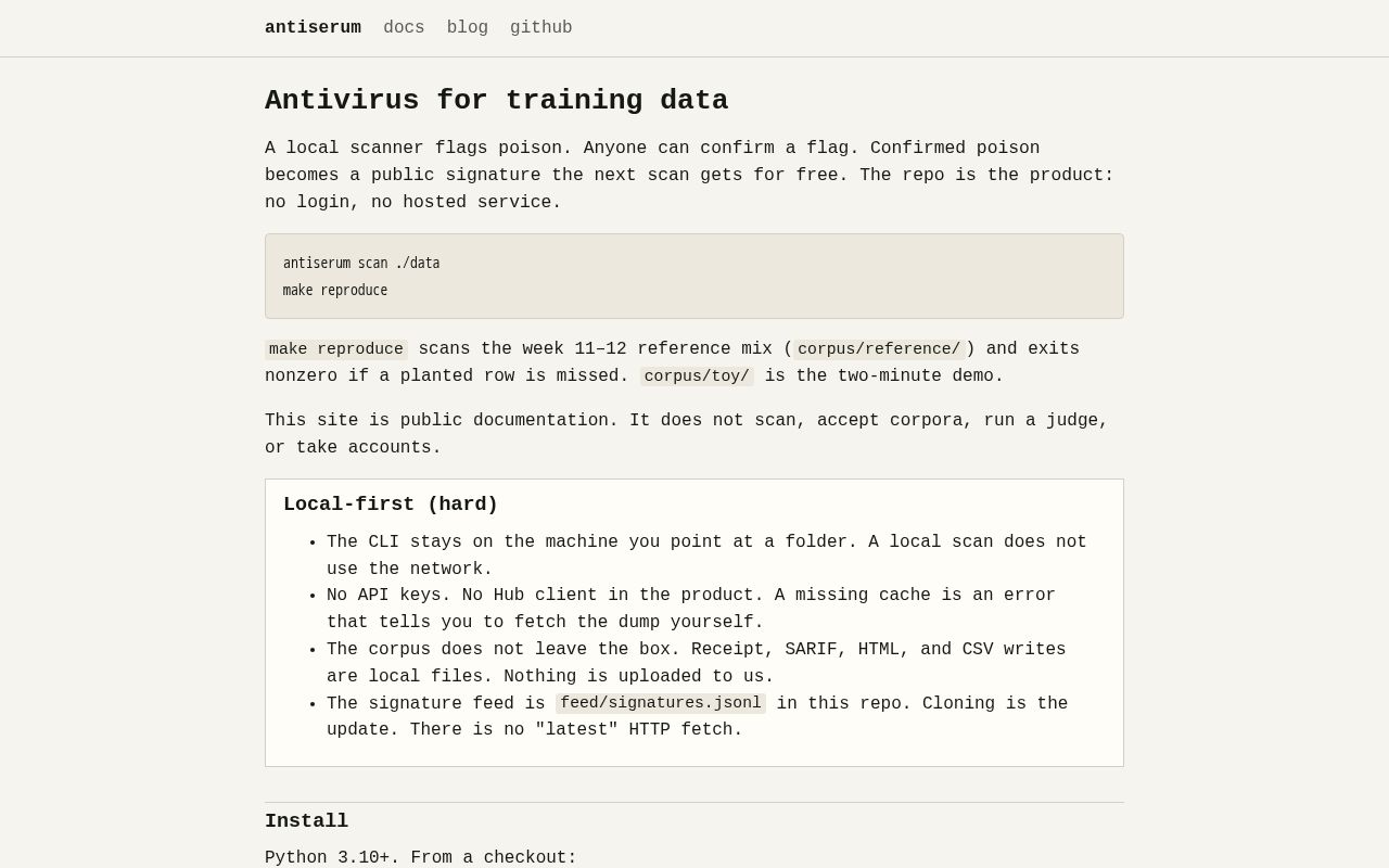 Preview of Antivirus for training data. Local scanner, shared poison signatures.