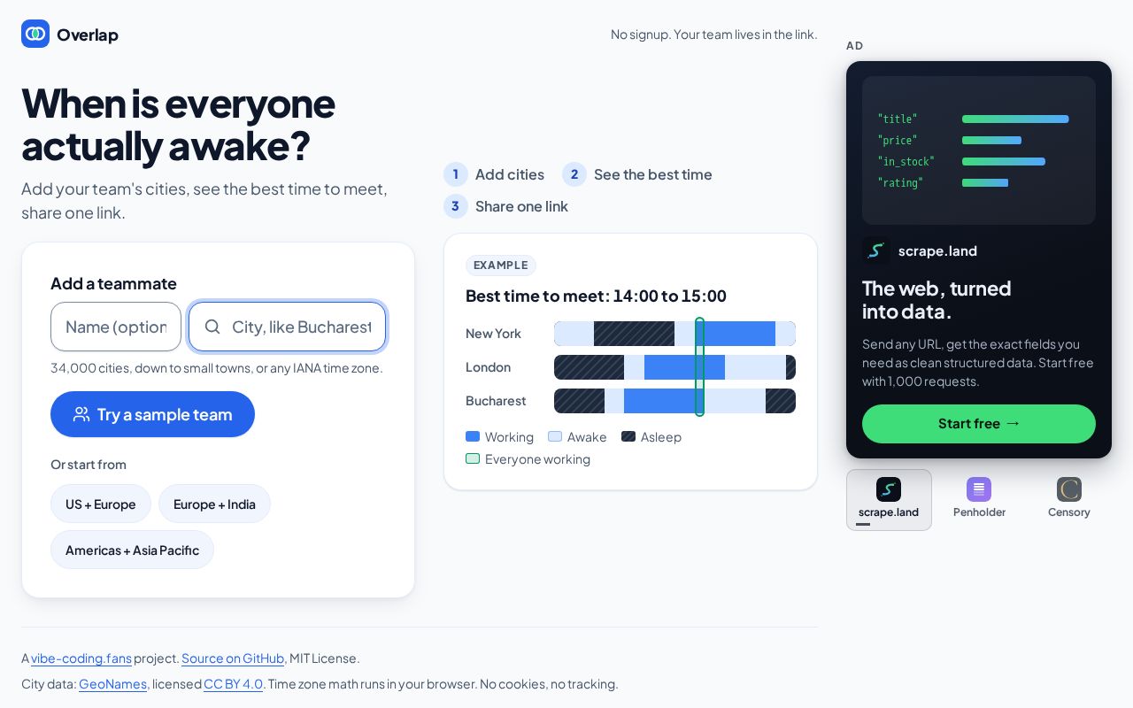 Preview of When is everyone on your team actually awake? One link, no signup.