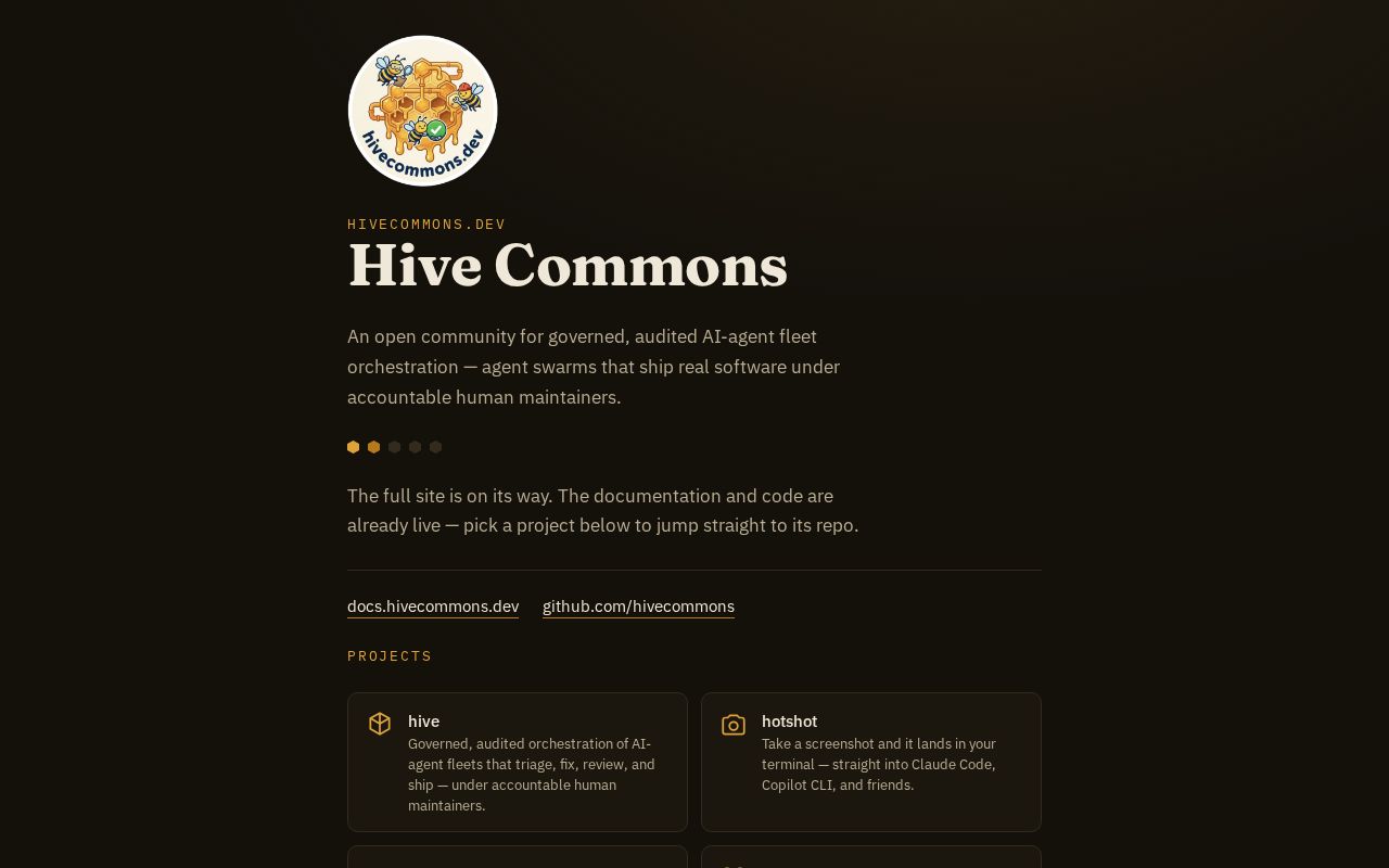 Preview of hivecommons.dev — placeholder site (GitHub Pages)