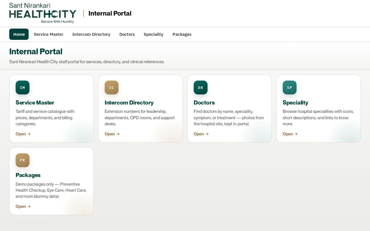Preview of Sant Nirankari Health City Internal Portal