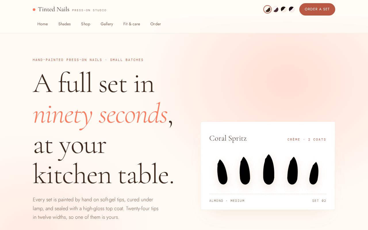 Preview of Tinted Nails — hand-painted press-on nail studio. Single-file static site.