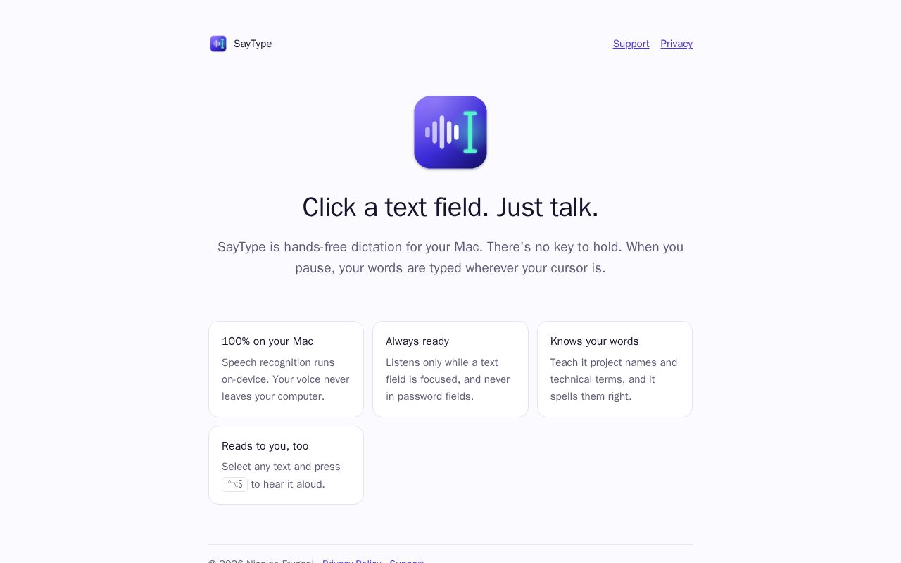 Preview of SayType: click a text field, just talk