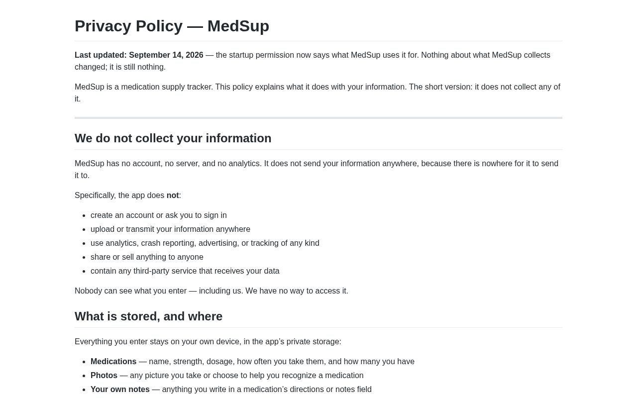 Preview of Privacy policy for the MedSup Android medication tracker.