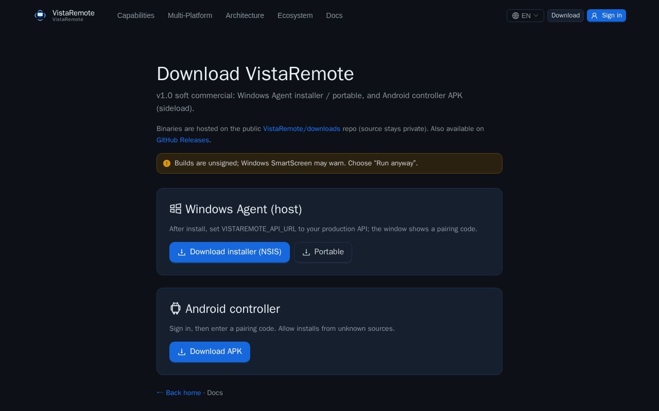 Preview of VistaRemote public installers (Windows Agent + Android APK). Source stays private.