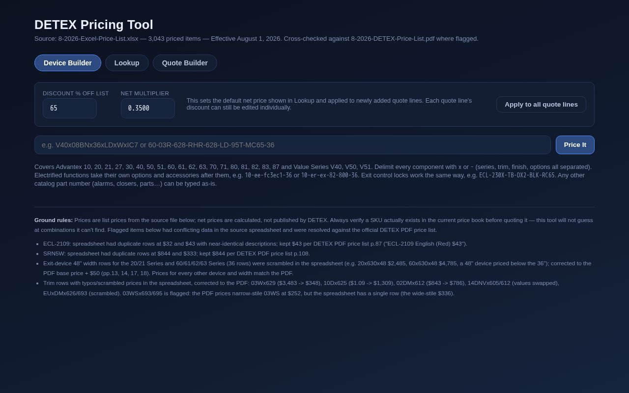 Preview of Detex Pricing Tool
