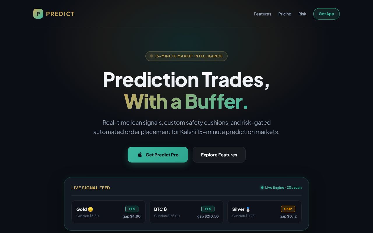 Preview of Predict — Kalshi 15m lean signals & auto-trade iOS app (Expo)