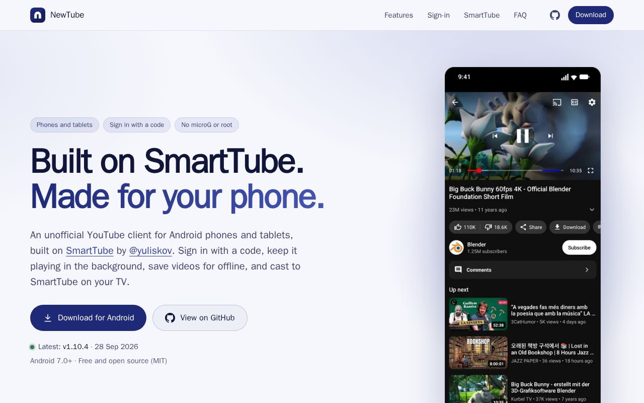 Preview of NewTube: unofficial SmartTube for phones