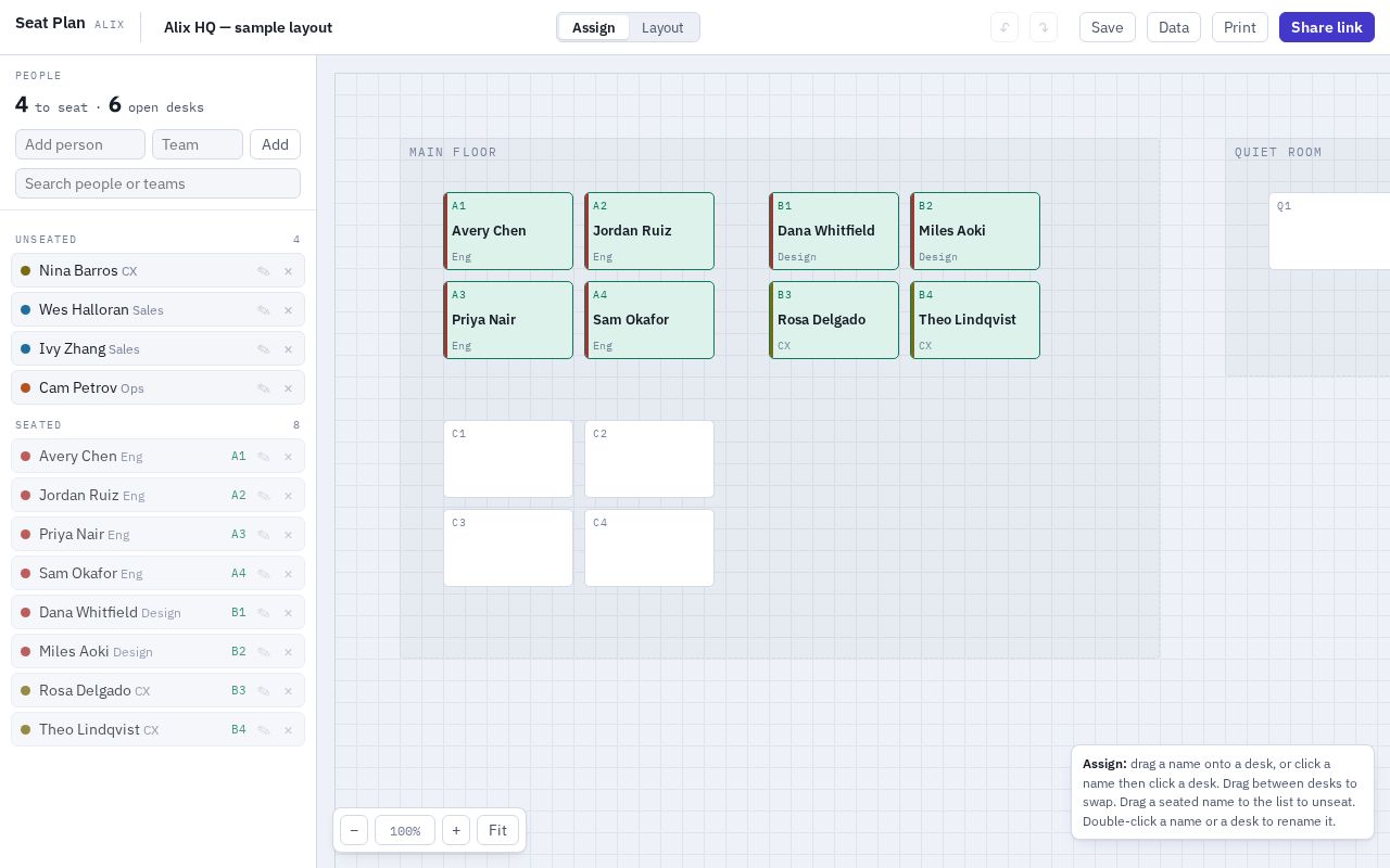 Preview of A simple seating chart app for aligning on who should sit where for offices, events, etc.