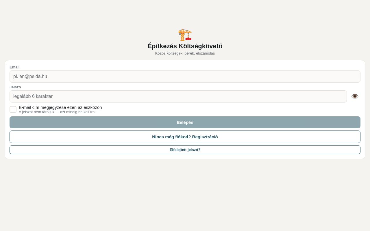 Preview of Építkezés-költségkövető és partneri elszámoló app (Expo + Supabase)