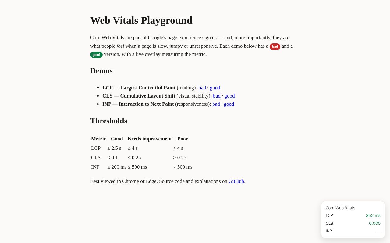 Preview of Web Vitals Playground