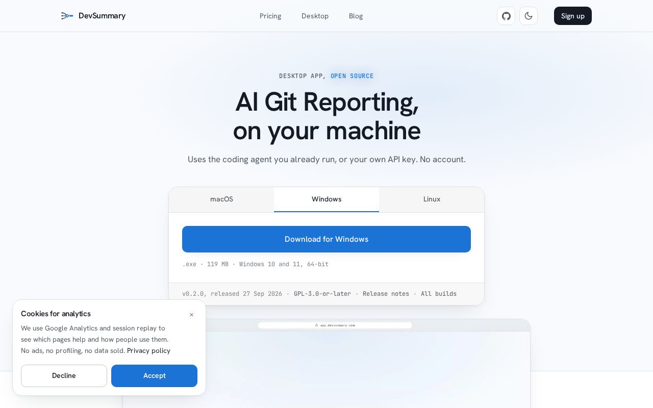 Preview of DevSummary Desktop: local-first engineering reports, source available
