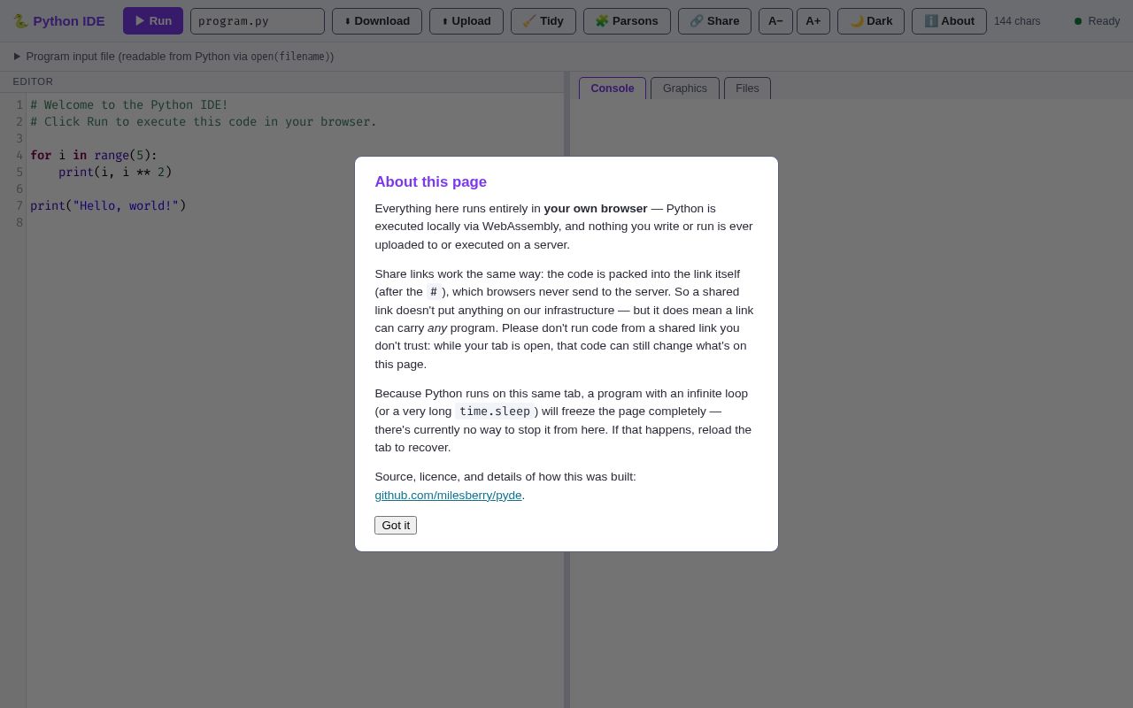 Preview of Self-contained Python-in-the-browser IDE (Pyodide + CodeMirror)