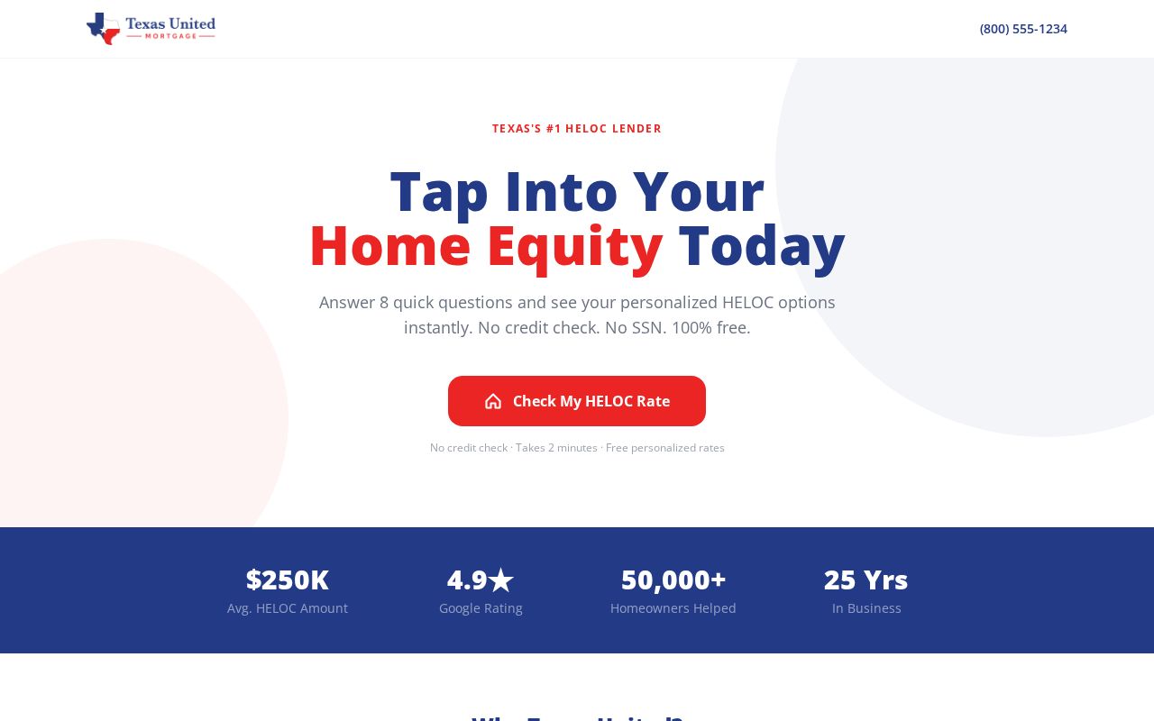 Preview of Texas United HELOC mortgage lead funnel