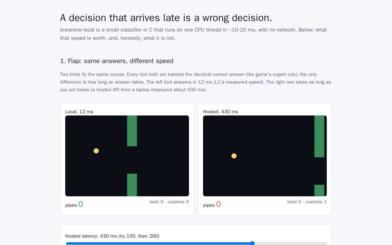 Preview of linearone-local: fast local decisions