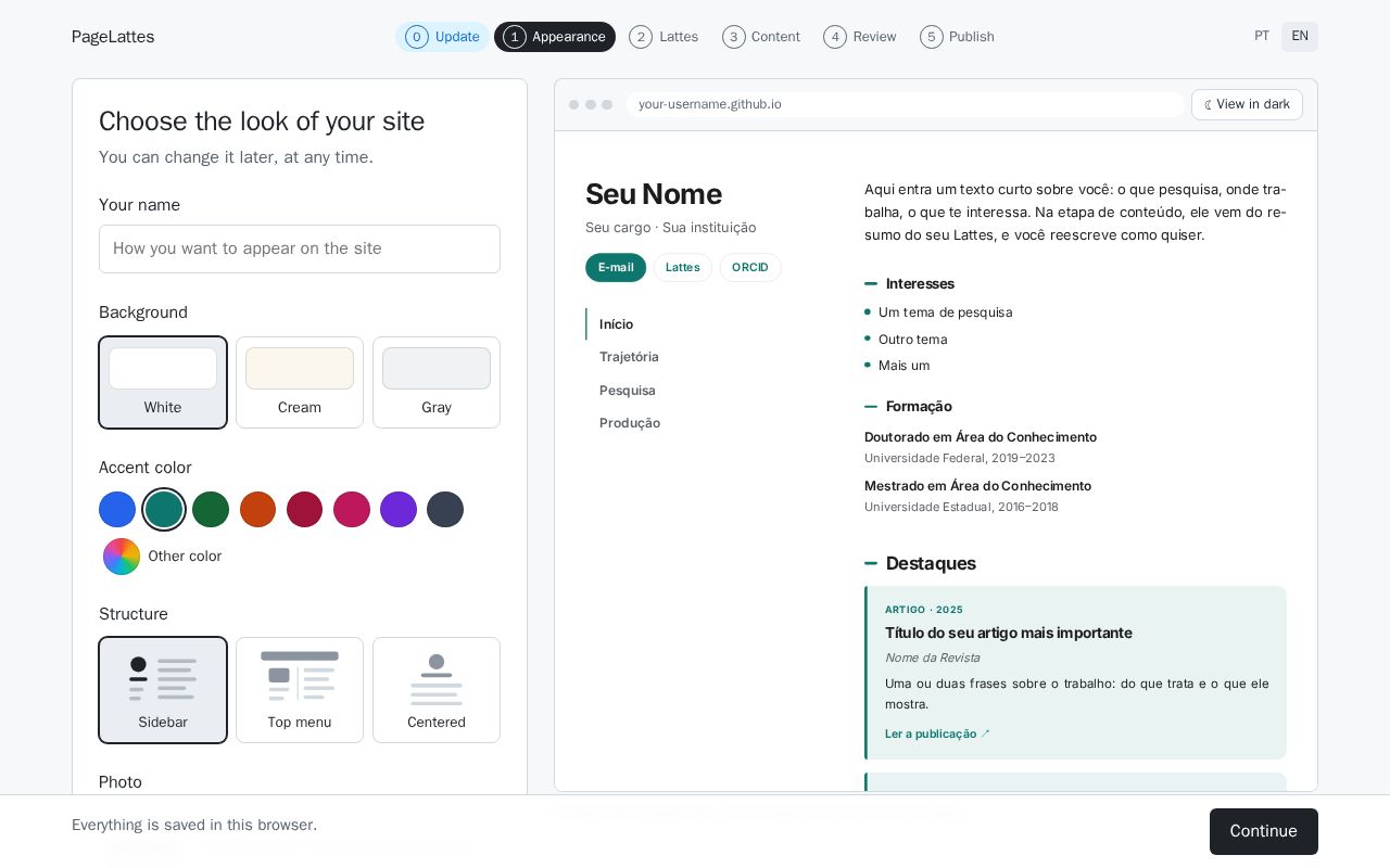 Preview of Monte seu site pessoal a partir do Currículo Lattes e publique no GitHub Pages